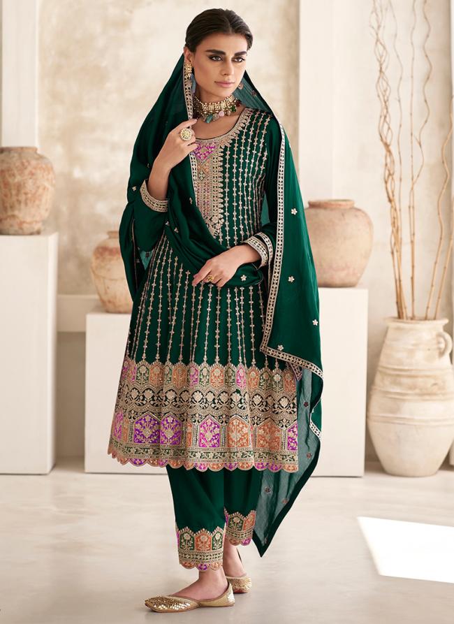 Chinnon Silk Green Wedding Wear Embroidery Work Readymade Salwar Suit